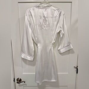 Linea Donatella White Satin 'Mrs.' Embroidered Robe with Pink Accents